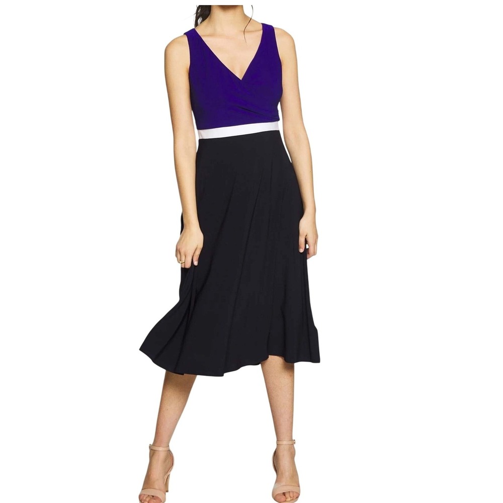 Lauren Ralph Lauren Women's Colorblock Sleeveless V Neck Jersey Midi Dress Sz 14